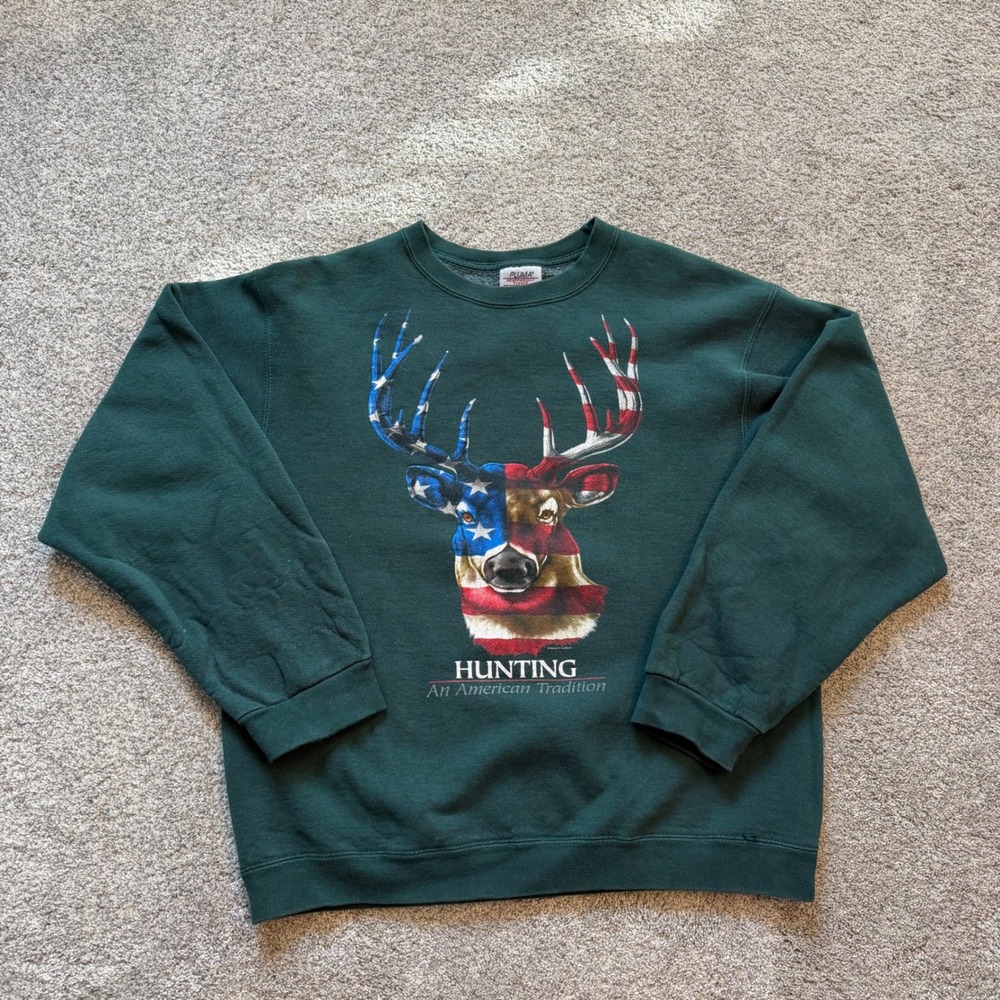Vintage Pluma Hunting An American Tradition Deer Flag Sweatshirt Green Large